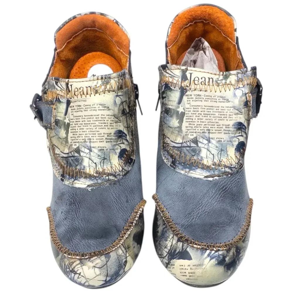 TMA Eyes Women's 6.5 Shooties Newsprint Patchwork  Distressed Heels